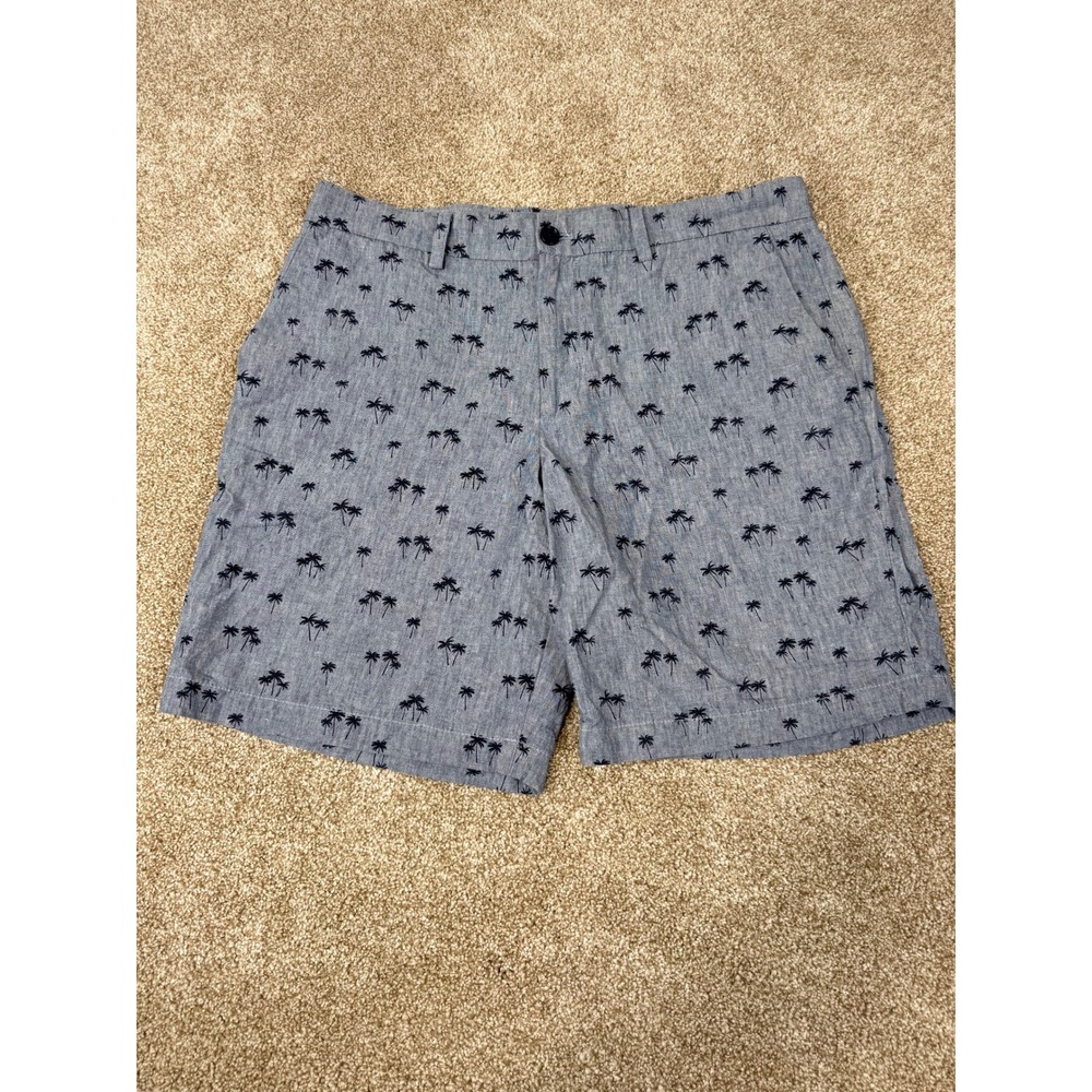 Banana Republic Aiden Shorts Mens 34 Blue Palm Tree Print Linen Cotton Tropical